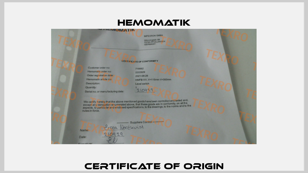 CERTIFICATE OF ORIGIN Hemomatik